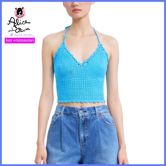 Alice + Olivia Saran Blue Embroidered Cropped Halter Top